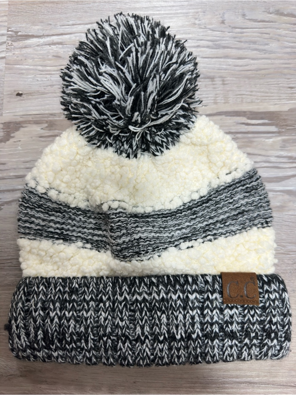 C.C Black & Cream Knit Pom Pom Beanie